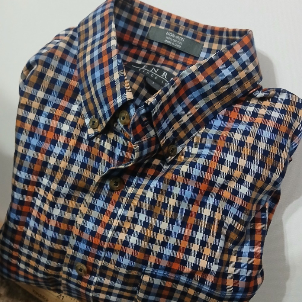 ENRO Plaid Button‎ Down Shirt Non-Iron Long Sleeve Checkered Mens L